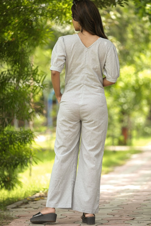 Sooti Syahi Gray Bee Hive Hand Block Printed Jumpsuit
