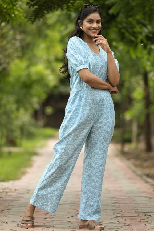 Sooti Syahi Blue Bee Hive Hand Block Printed  Jumpsuit