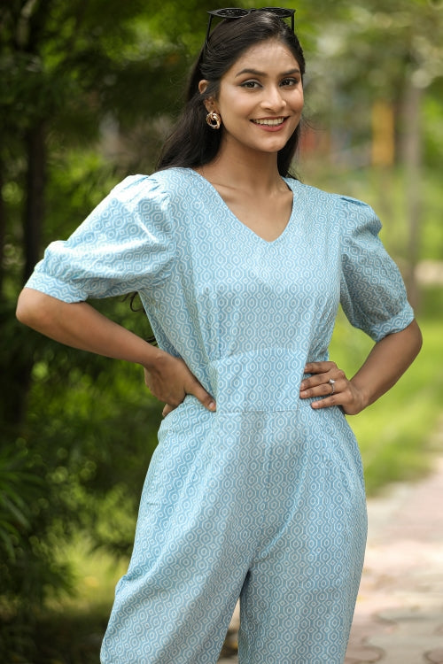 Sooti Syahi Blue Bee Hive Hand Block Printed  Jumpsuit