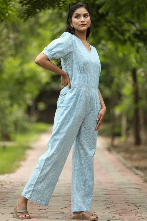 Sooti Syahi Blue Bee Hive Hand Block Printed  Jumpsuit