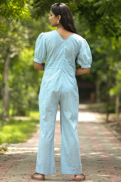 Sooti Syahi Blue Bee Hive Hand Block Printed  Jumpsuit