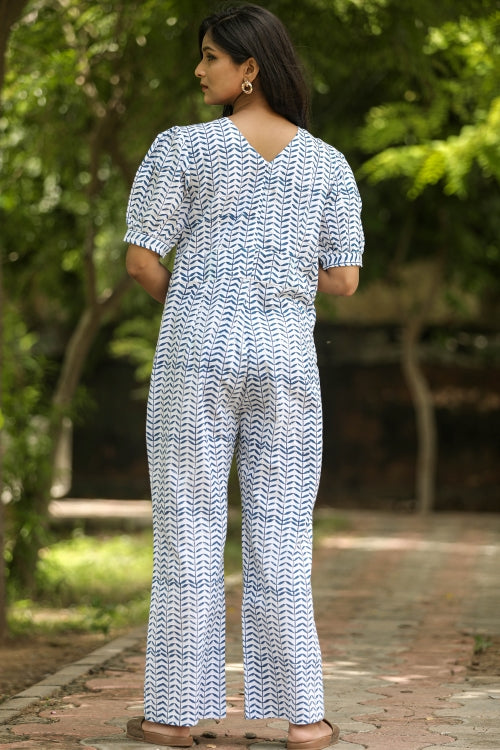 Sooti Syahi Blue Leaves Hand Block Printed  Jumpsuit