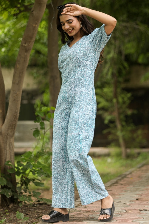 Sooti Syahi Blue Beetle Hand Block Printed  Jumpsuit