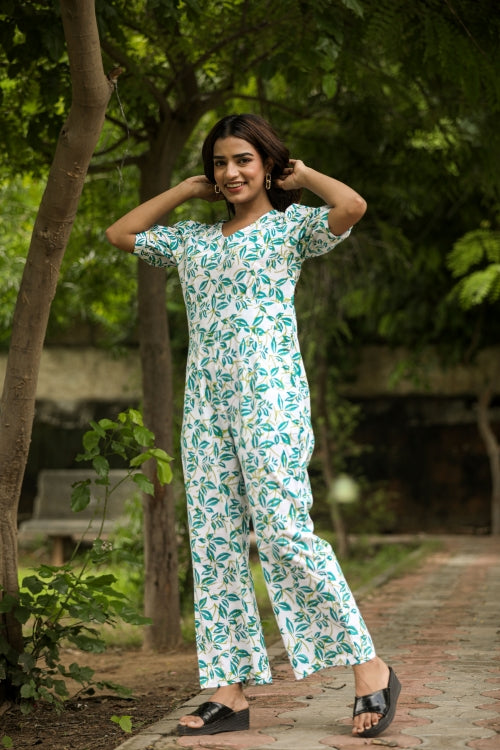 Sooti Syahi Hazel Leaves Hand Block Printed  Jumpsuit