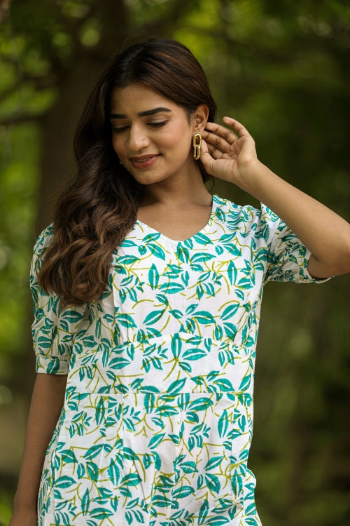 Sooti Syahi Hazel Leaves Hand Block Printed  Jumpsuit