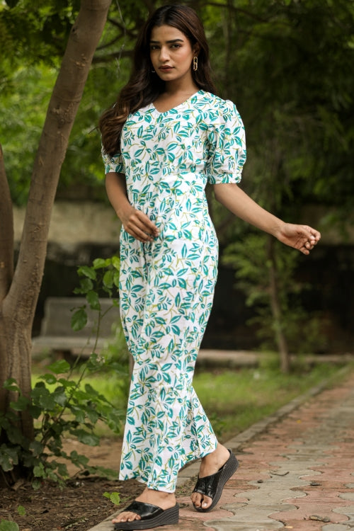 Sooti Syahi Hazel Leaves Hand Block Printed  Jumpsuit