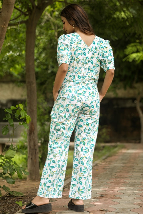 Sooti Syahi Hazel Leaves Hand Block Printed  Jumpsuit