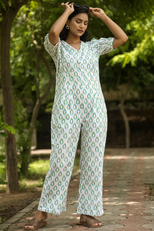 Sooti Syahi Rose Leaves Hand Block Printed  Jumpsuit