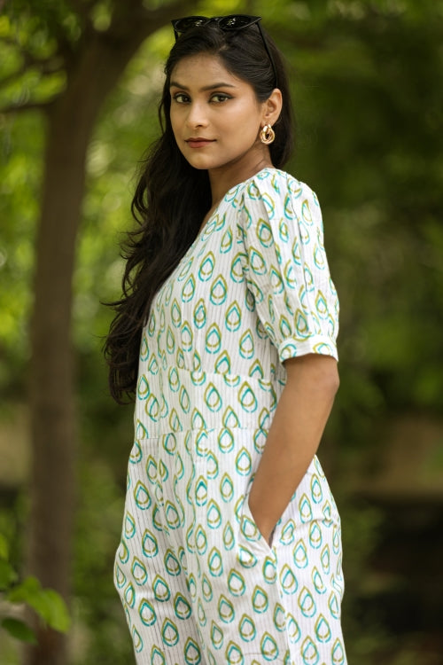 Sooti Syahi Rose Leaves Hand Block Printed  Jumpsuit