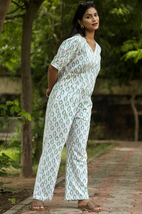 Sooti Syahi Rose Leaves Hand Block Printed  Jumpsuit