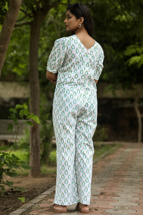 Sooti Syahi Rose Leaves Hand Block Printed  Jumpsuit