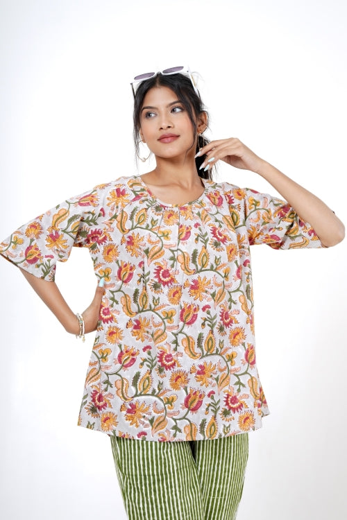Twilight Tulips Hand Block Printed Top