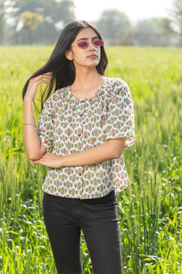 Sootisyahi 'Fresh Flora' Azofree Handblock Printed Pure Cotton Crop Top | Relove