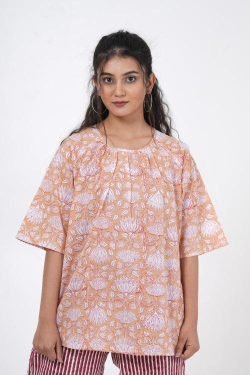 Sooti Syahi Lotus Petal Hand Block Printed Top