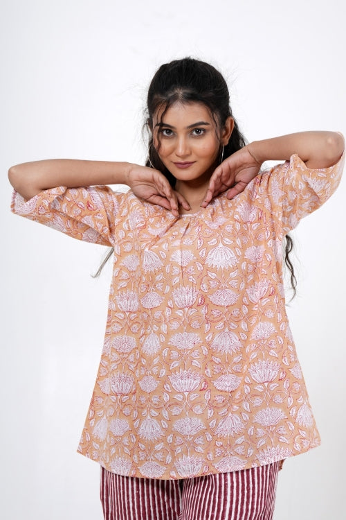 Sooti Syahi Lotus Petal Hand Block Printed Top