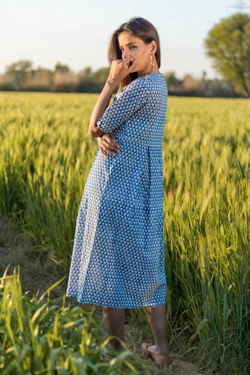 Sootisyahi 'Sea Blue' Azofree Handblock Printed Pure Cotton Dress | Relove