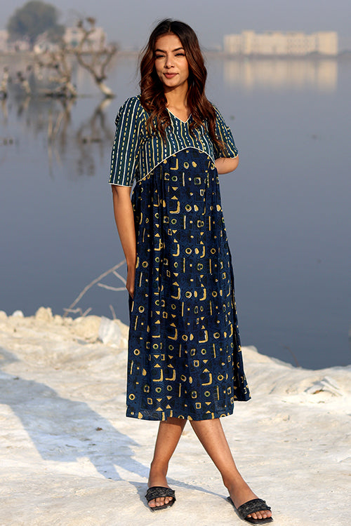 Indigo Fusion Pure Cotton Hand Block Printed Dress For Women Online