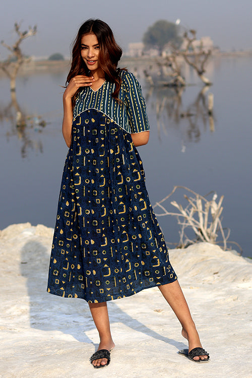 Indigo Fusion Pure Cotton Hand Block Printed Dress For Women Online