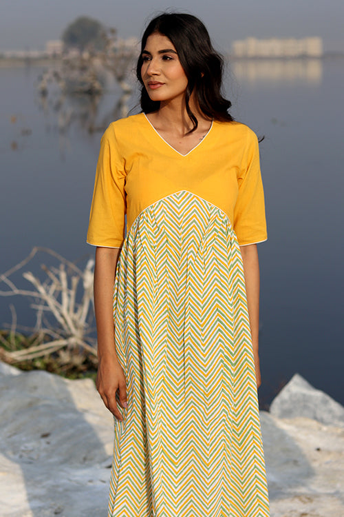 Mustard Weave Pure Cotton Hand Block Printed Dress For Women Online