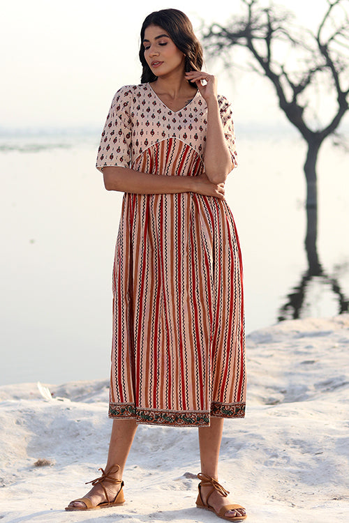 Stripe Garden Pure Cotton Hand Block Printed Dress For Women Online