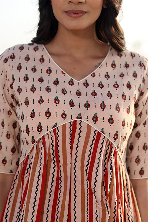 Stripe Garden Pure Cotton Hand Block Printed Dress For Women Online