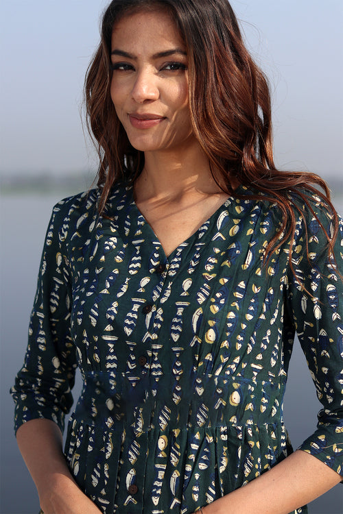 Sooti Syahi Fisherman's Dream Handblock Printed Cotton Dress