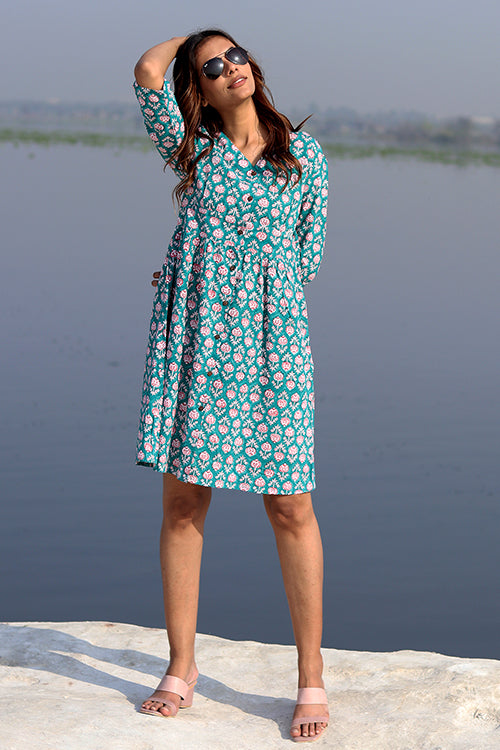 Floral Frame Teal Cotton Hand Block Printed Summer Dress For Women Online