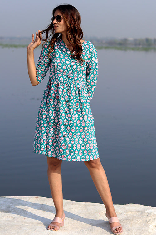 Floral Frame Teal Cotton Hand Block Printed Summer Dress For Women Online