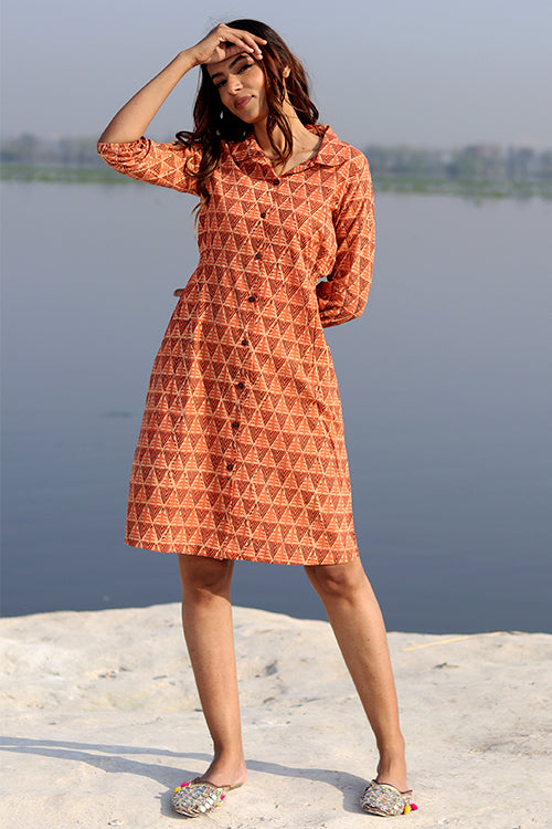 Geometrical Weave Pure Cotton Hand Block Printed Dress For Women Online