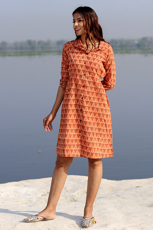 Geometrical Weave Pure Cotton Hand Block Printed Dress For Women Online