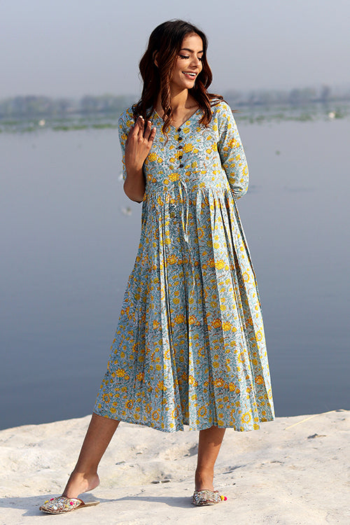 Sootisyahi Alluring Grey Pure Cotton Floral Print Dress For Women Online