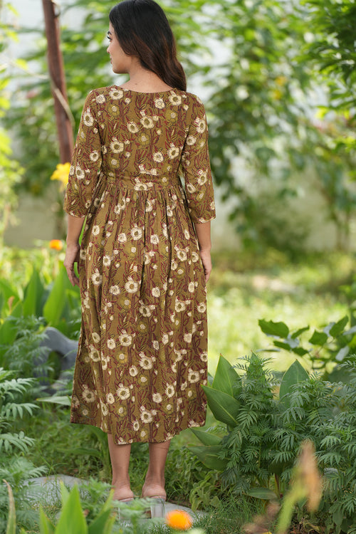Sooti Syahi Espresso Garnet Handblock Printed Cotton Dress