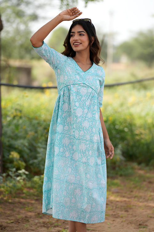 Sooti Syahi Sapphire Surf Handblock Printed Cotton Dress