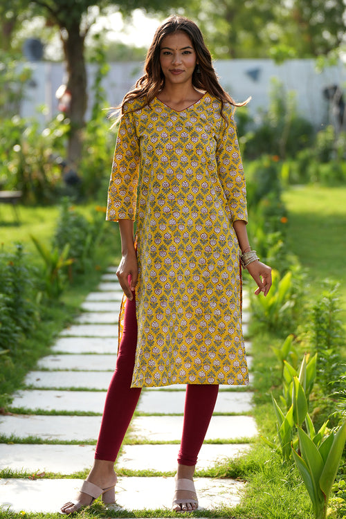 Sooti Syahi Mustard Garnet Handblock Printed Cotton Kurti