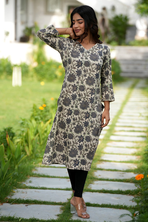 Charcoal Mist Handblock Printed Cotton Kurta For Women Online