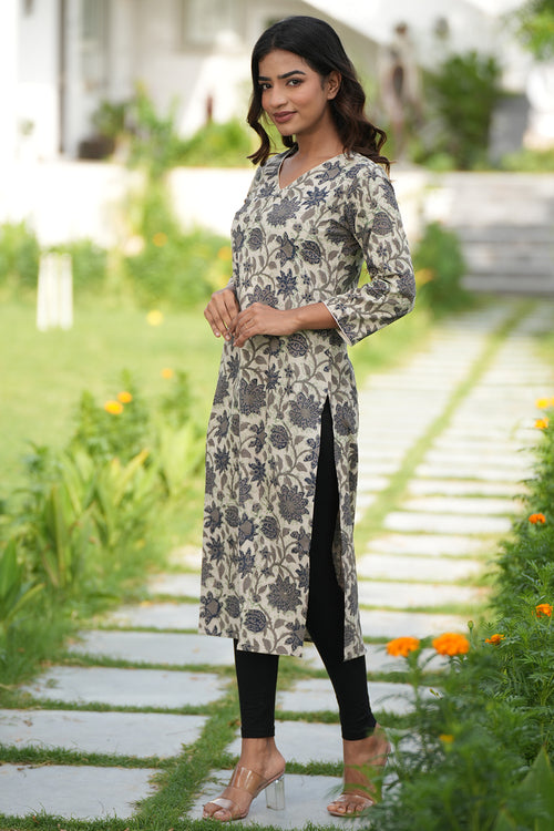 Sooti Syahi Charcoal Mist Handblock Printed Cotton Kurti