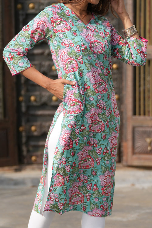 Sooti Syahi Pink Lemonade Oasis Handblock Printed Cotton Kurti