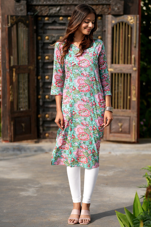 Pink Lemonade Oasis Handblock Printed Cotton Kurta For Women Online