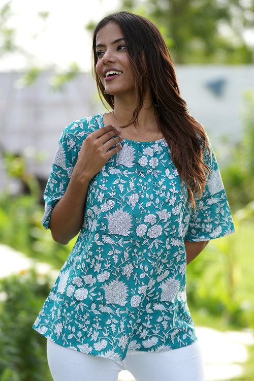Sooti Syahi Azure Delight Handblock Printed Cotton Top