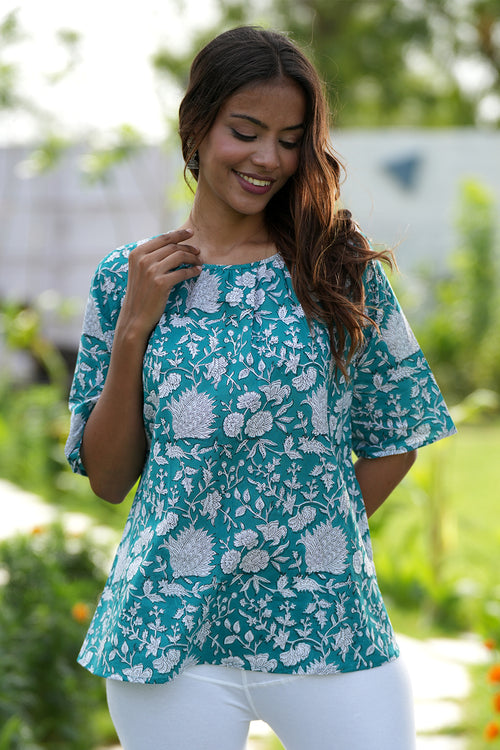 Sooti Syahi Azure Delight Handblock Printed Cotton Top
