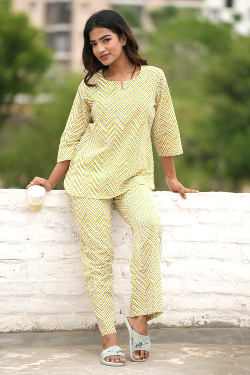 Sooti Syahi Misty Mustard Swivel Block Printed Night Suit