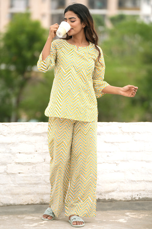 Sooti Syahi Misty Mustard Swivel Block Printed Night Suit