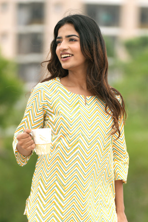 Sooti Syahi Misty Mustard Swivel Block Printed Night Suit