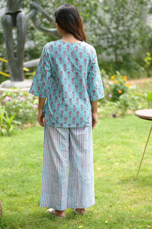 Sooti Syahi Pink Lemonade Sea Block Printed Night Suit