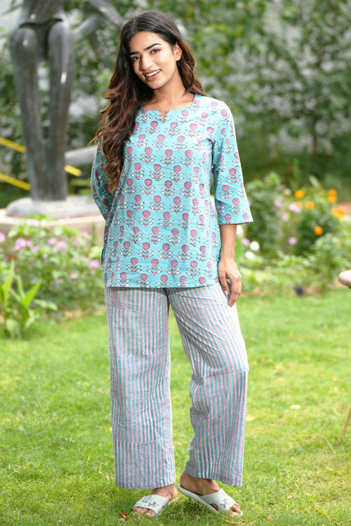 Sooti Syahi Pink Lemonade Sea Block Printed Night Suit