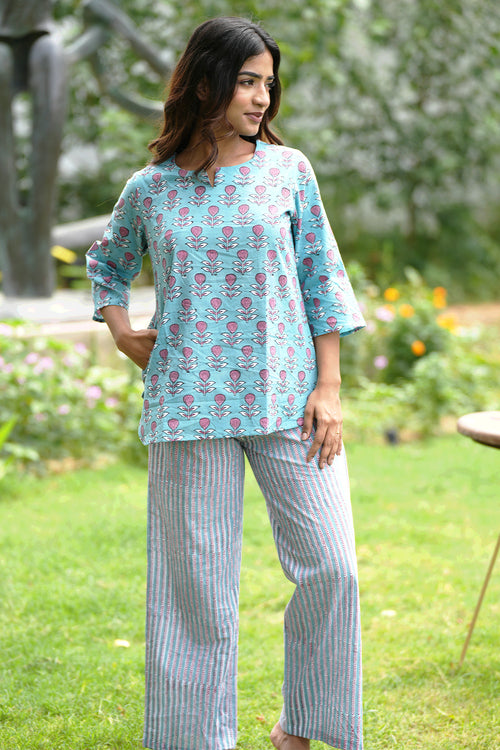 Sooti Syahi Pink Lemonade Sea Block Printed Night Suit