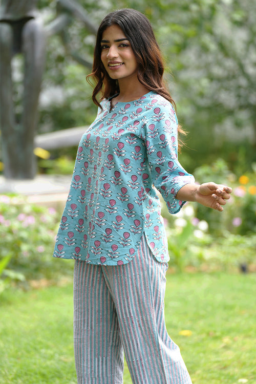 Sooti Syahi Pink Lemonade Sea Block Printed Night Suit