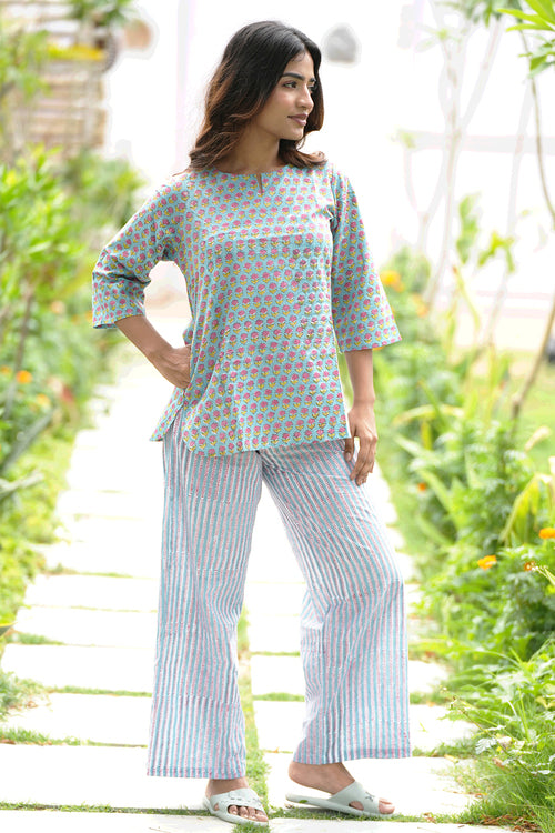 Sooti Syahi Ferny Blush Block Printed Night Suit