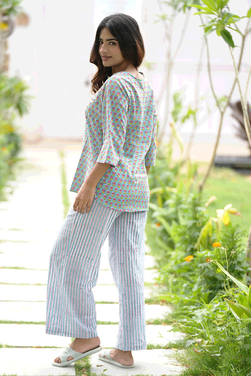 Sooti Syahi Ferny Blush Block Printed Night Suit