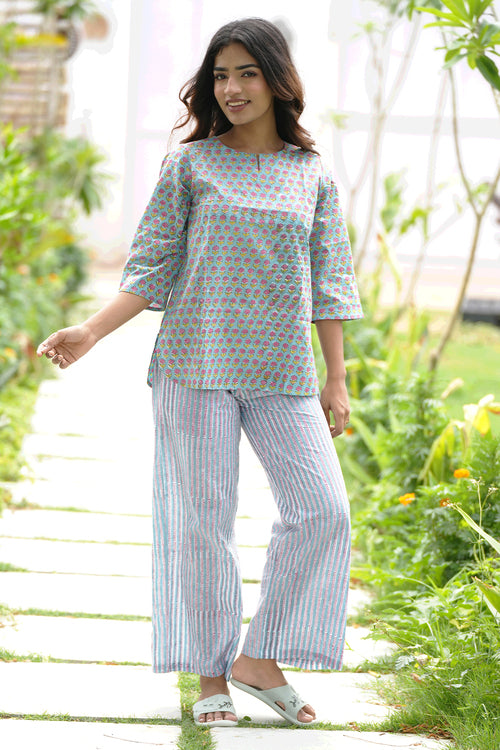 Sooti Syahi Ferny Blush Block Printed Night Suit